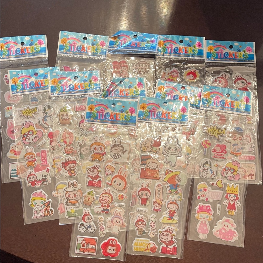 Colorful Labubu Cartoon Character puffy Stickers 12 individually wrapped strips